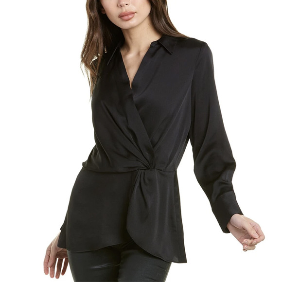 Vince Camuto Tops - Vince Camuto wrap peplum blouse women's small black Hammered Satin surplice top